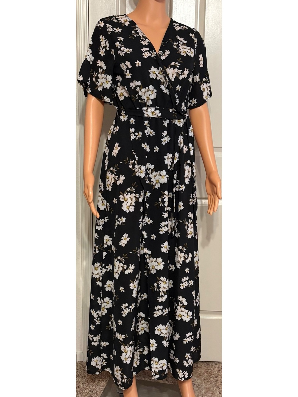 Black Floral Wrap Maxi Dress with White Blossoms Never Been Worn